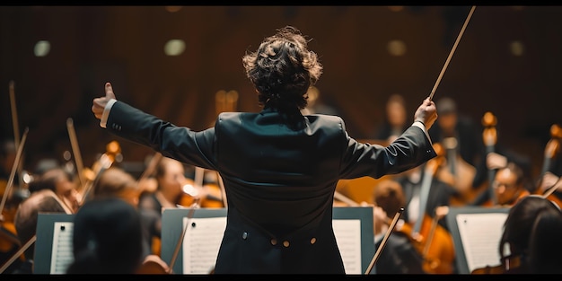 Diretor apaixonado liderando orquestra sinfônica apresentação de música clássica expressão artística no palco cena de concerto cativante IA