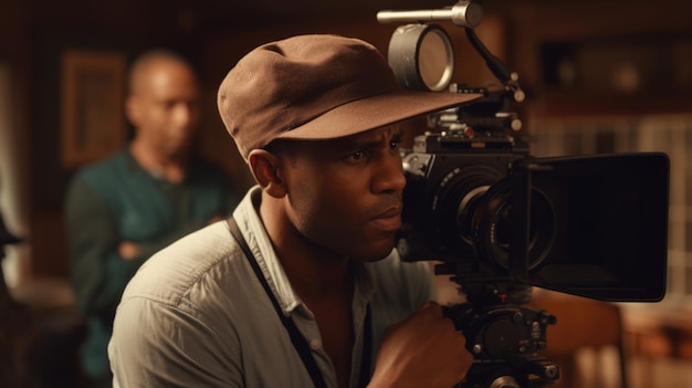 Diretor de videoclipe Masculino Afro-americano Jovem adulto Dirigindo e produzindo videoclipes em set de filmagem Generative AI AIG22