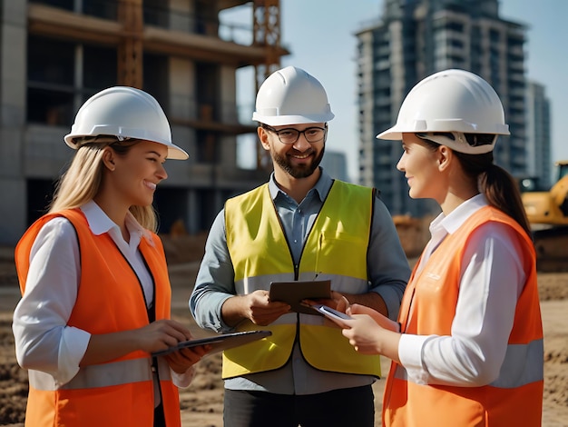 Foto diretora de construção feminina instruindo um trabalhador