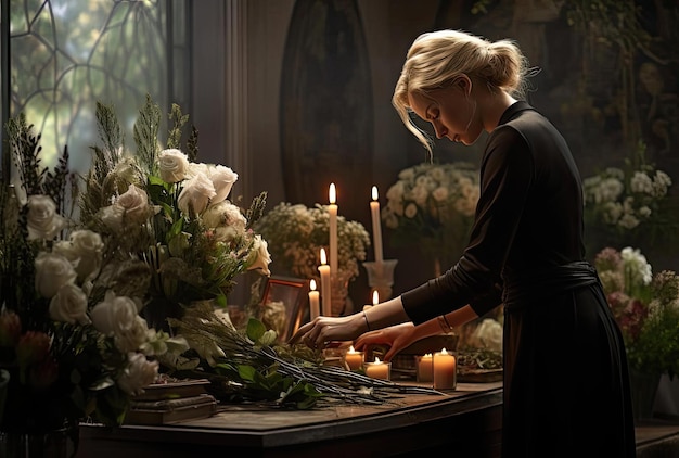 diretora de funeral preparando flores para um no estilo de bronze claro e branco