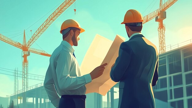 Dirigentes de construcción revisando los planos en un sitio de construcción durante el amanecer