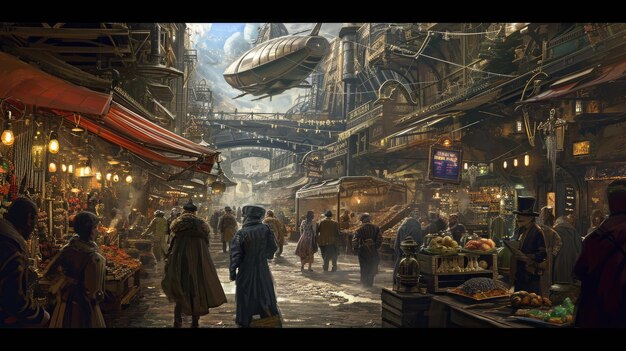 Foto los dirigibles steampunk sobre un paisaje urbano victoriano resplandeciente