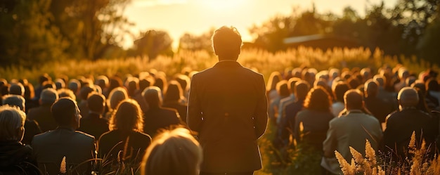 Foto dirigiéndose a una figura religiosa dirigiendo un grupo al anochecer en un entorno al aire libre con el concepto de audiencia dirigiendo el grupo de figuras religiosas