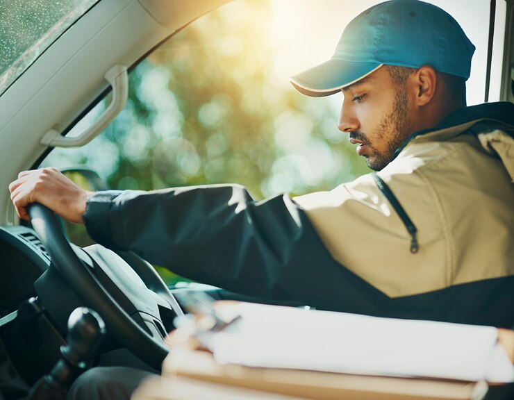 Foto dirigindo a entrega e a caixa com o homem na van para logística de correio e remessa serviço de exportação e distribuição de comércio eletrônico com carteiro masculino no veículo para pacote de correspondência e remessa de carga