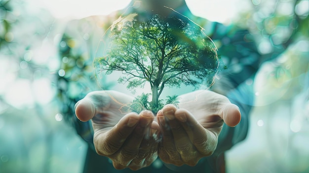 Dirigir negocios e invertir con un enfoque en la sostenibilidad haciendo hincapié en el ecosistema dentro de la organización y la empresa representada como una imagen de doble exposición