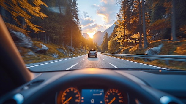 Foto dirigir um carro na rodovia nas montanhas ao pôr do sol arte generativa ai