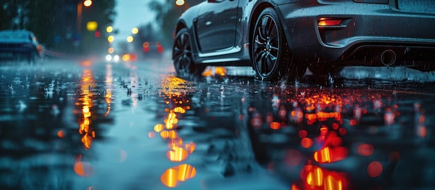 Dirigir um carro na rua molhada pela chuva à noite