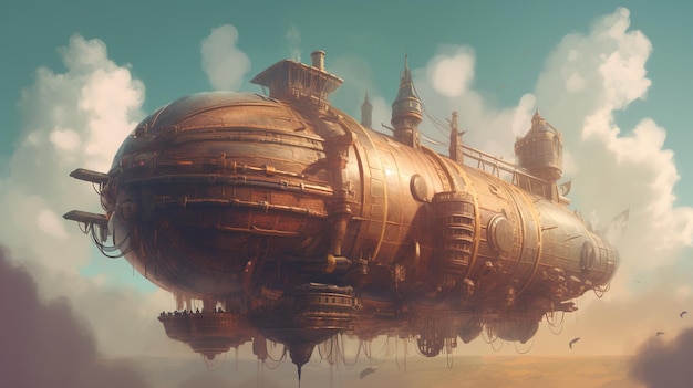 Dirigível Steampunk nas nuvens Conceito de fantasia Ilustração pintura Generative AI