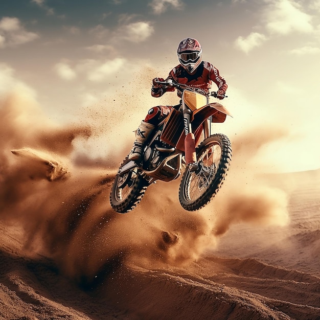 Dirt Bike en el aire con fondo polvoriento