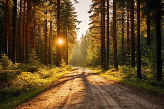 Foto dirt road in the middle of the forest on a sunny day with forest trees in the background