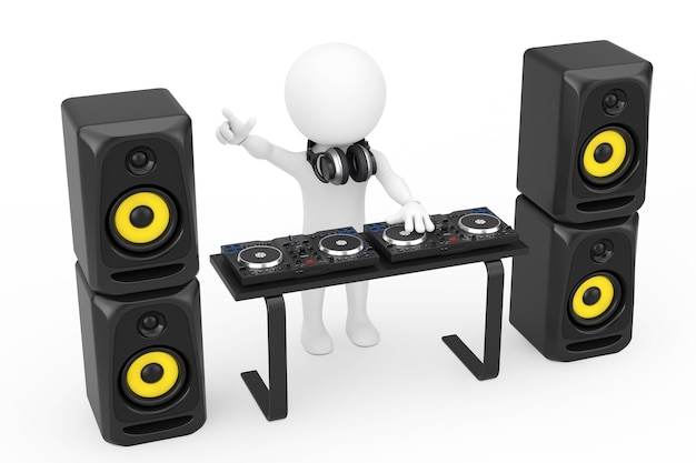 Disc Jockey de persona 3D con un tocadiscos, altavoces y auriculares en sesión sobre un fondo blanco. Representación 3D.