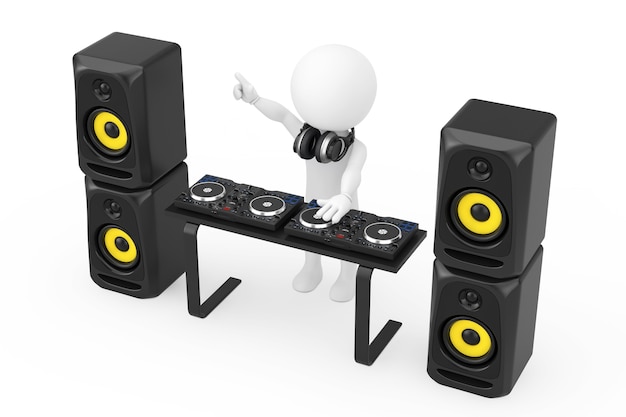 Disc Jockey de persona 3D con un tocadiscos, altavoces y auriculares en sesión sobre un fondo blanco. Representación 3D.