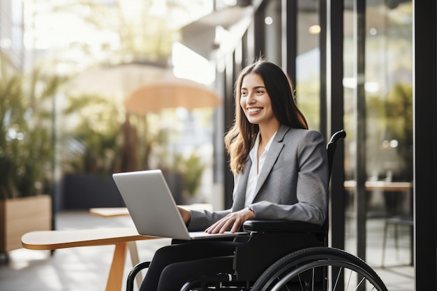 Discapacidad una mujer empleada profesional en silla de ruedas trabajando en su portátil fuera de la movilidad