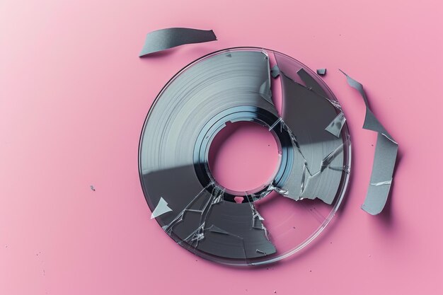 Foto disco compacto de audio digital roto pegado con cinta adhesiva gris sobre un fondo rosado