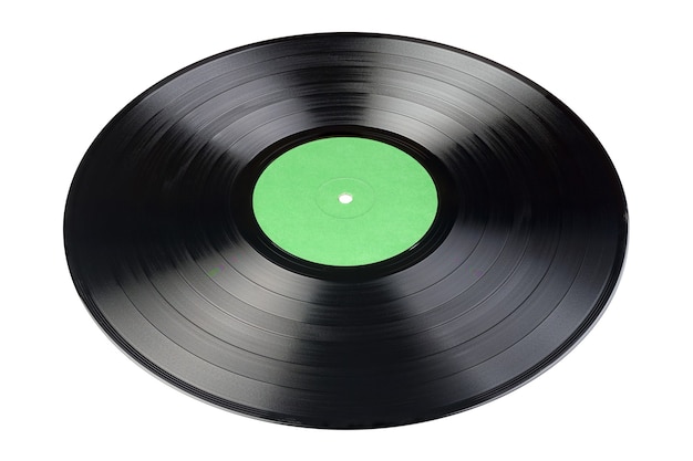 Disco de vinil LP de 12 polegadas com etiqueta verde em branco isolada no fundo branco