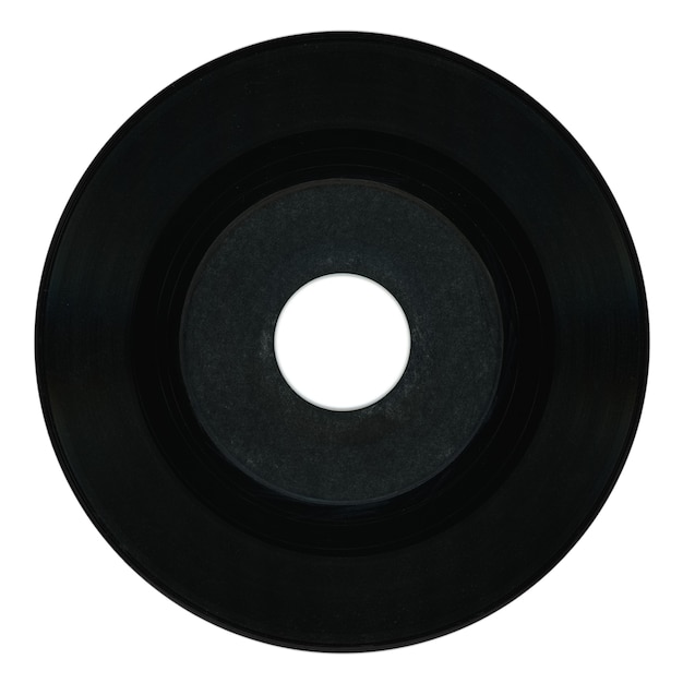 Foto disco de vinil preto com etiqueta em branco sobre branco