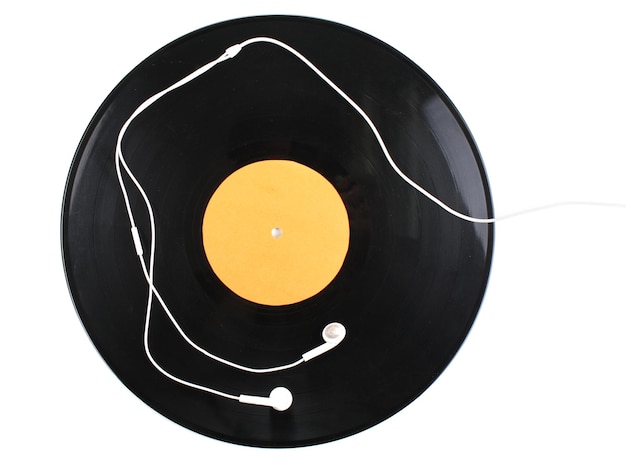 Disco de vinil preto e fones de ouvido isolados em branco