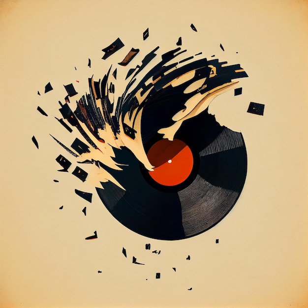 El disco de música se deshace en el costado de las notas musicales Ilustración AI generativa