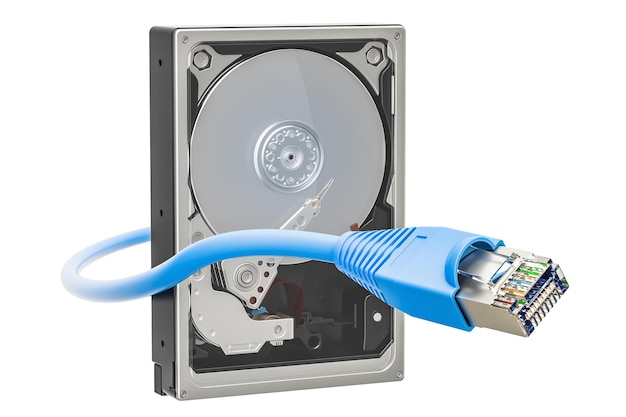 Disco rígido HDD com cabo de internet LAN renderização 3D