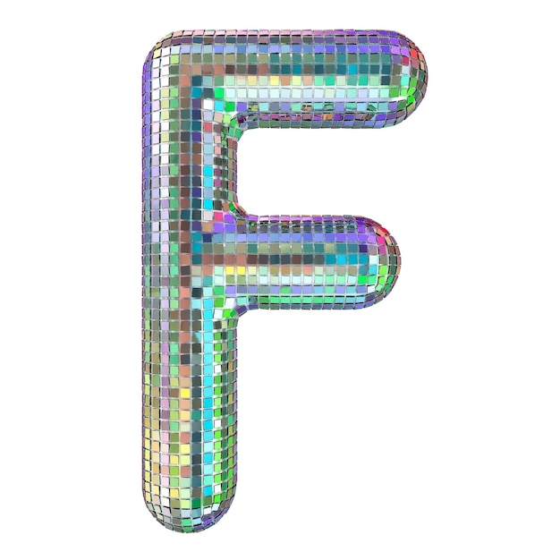 Foto disco-schriftbuchstabe f aus glitzernden spiegelfacetten 3d-rendering