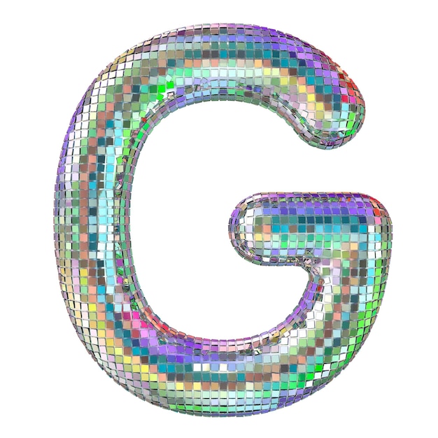 Foto disco-schriftbuchstabe g aus glitzernden spiegelfacetten 3d-rendering