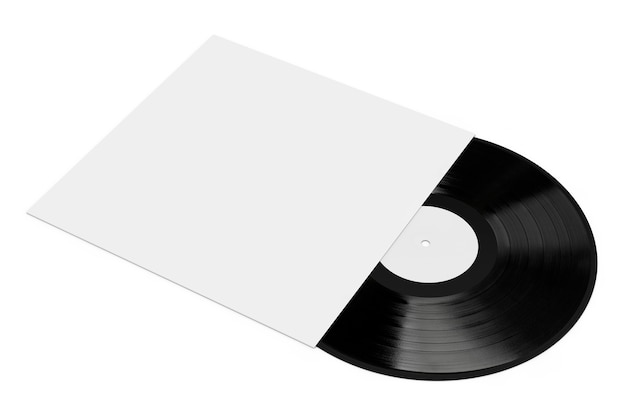 Disco de vinilo antiguo en caja de papel en blanco con espacio libre para su diseño sobre un fondo blanco. Representación 3D