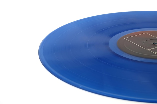 Foto disco de vinilo azul sobre un fondo blanco estilo retro vista superior