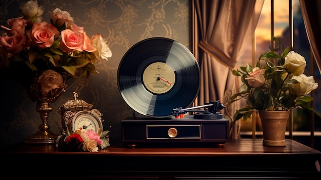 Disco de vinilo de estilo retro con auriculares en la mesa.