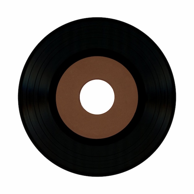 Foto disco de vinilo con etiqueta marrón en blanco aislado sobre blanco