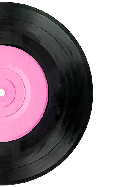 Disco de vinilo con etiqueta rosa sobre fondo blanco.