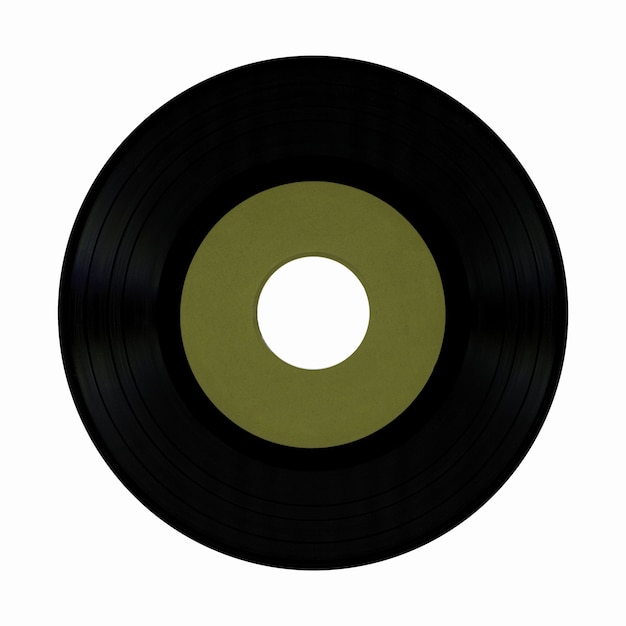 Disco de vinilo con etiqueta verde en blanco aislado sobre blanco