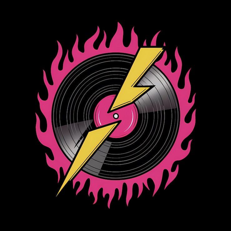 Foto disco de vinilo rodeado de llamas rosadas con un rayo amarillo