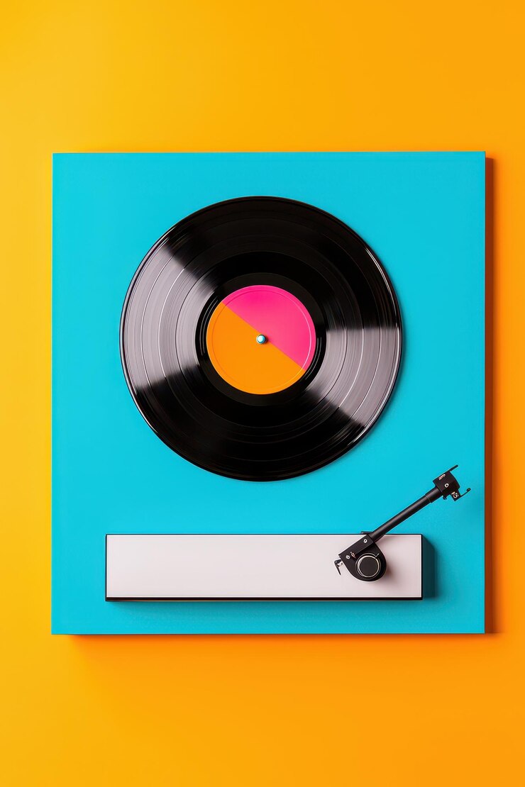 Disco de vinilo en tocadiscos con fondo azul y naranja