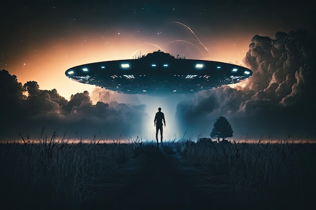 Disco voador à noite em um campo e uma silhueta de uma pessoa abaixo Invasão de vida extraterrestre contato com alienígenas Generative AI