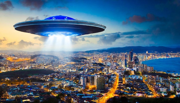 disco voador sobre uma cidade ufo voando