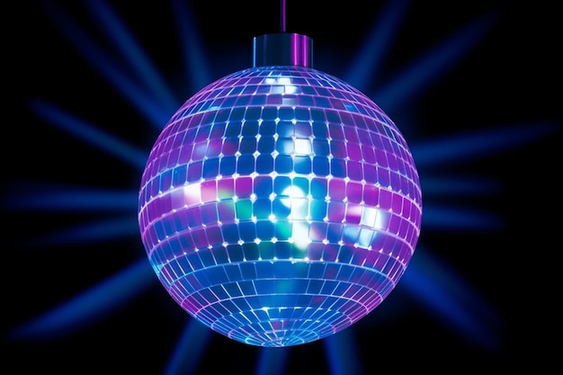 Discoball iluminando com luzes de festa azuis e roxas