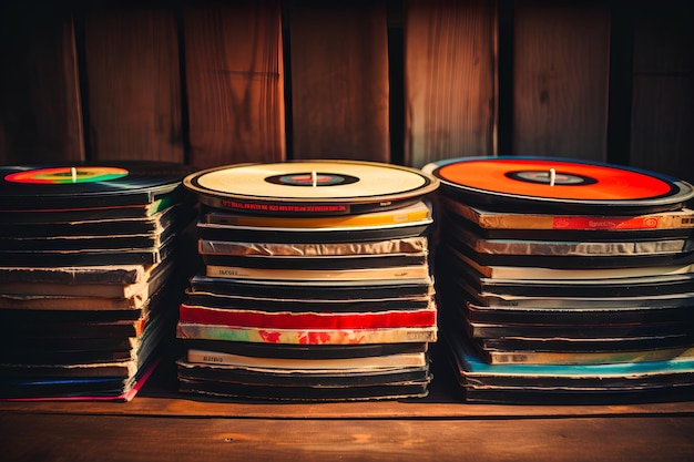 Discos de vinil antigos cuidadosamente empilhados criam um cenário nostálgico para os entusiastas da música