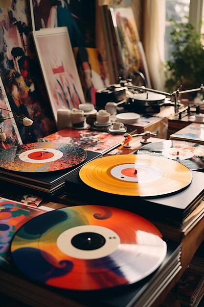 Foto discos de vinil coloridos generativos ai