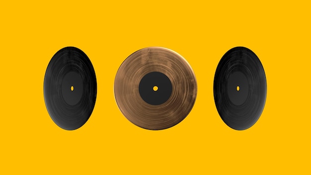 Discos de vinil preto e dourado voando em renderização 3d de fundo amarelo