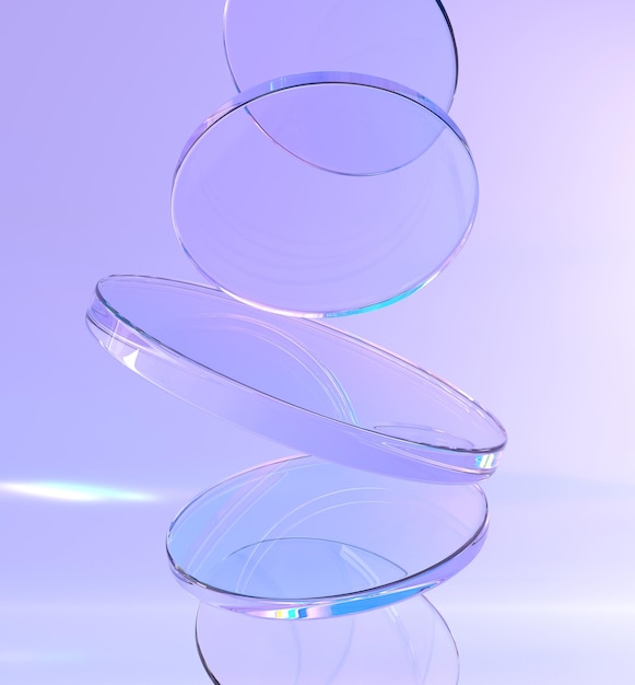 Discos redondos de cristal iridescente em fundo de geometria abstrata roxa 3d rendem efeito de refração de raios em vidro Placas de círculo transparente arco-íris em papel de parede moderno de luz de dispersão