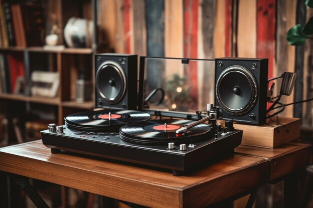 Discos de vinilo y auriculares en mesa de madera creados con ai generativo