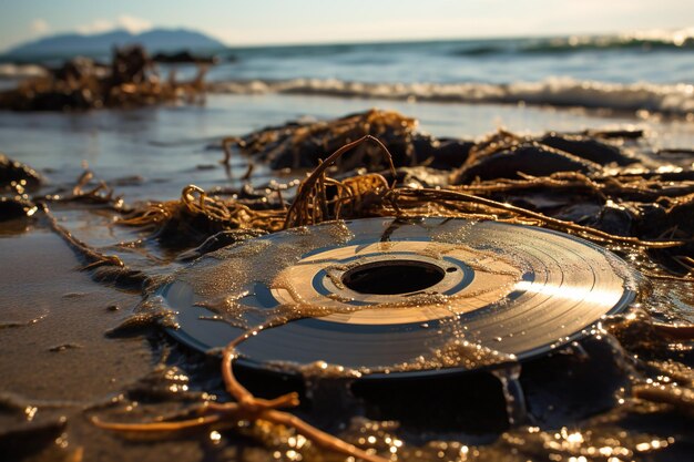 Foto los discos de vinilo, la basura en la playa, el océano, el problema de los residuos plásticos, el concepto de contaminación plástica marina.