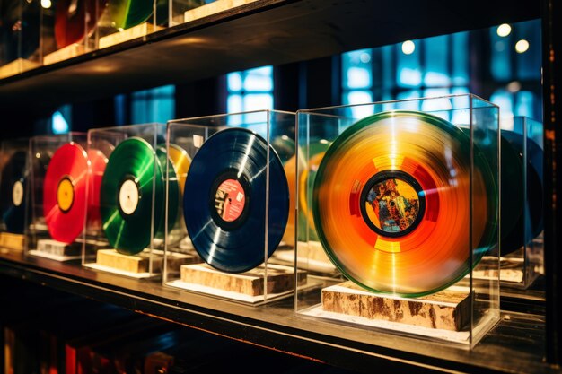 Foto discos de vinilo bellamente conservados en una exhibición de vidrio