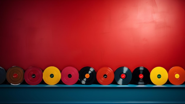 discos de vinilo coloridos en el estudio sobre un fondo rojo