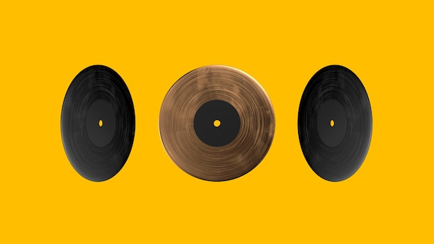 Discos de vinilo negros y dorados volando sobre fondo amarillo 3d render