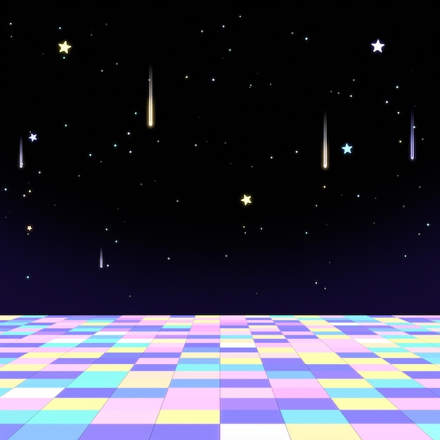 Discoteca de dibujos animados y estrellas fugaces en la oscuridad