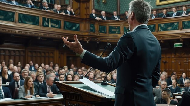 Discurso en el parlamento argumentos persuasivos respaldados por gestos convincentes