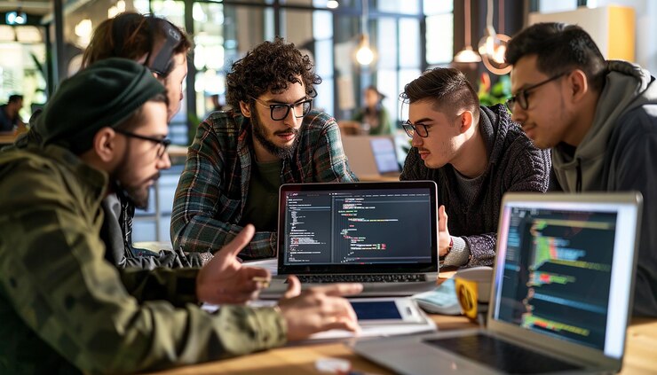 Foto discusión de código innovadora jóvenes desarrolladores en un elegante entorno de oficina colaborativo