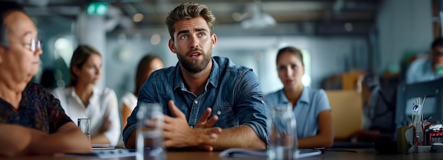 Discusión dinámica en equipo de jóvenes profesionales líderes en la mesa de la oficina con compañeros de trabajo escuchando atentamente y participando en gestos