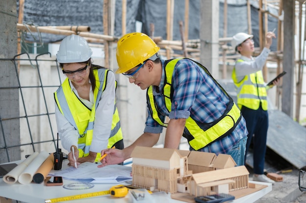 Discusión de los ingenieros de construcción con los arquitectos en el sitio de construcción o sitio de construcción